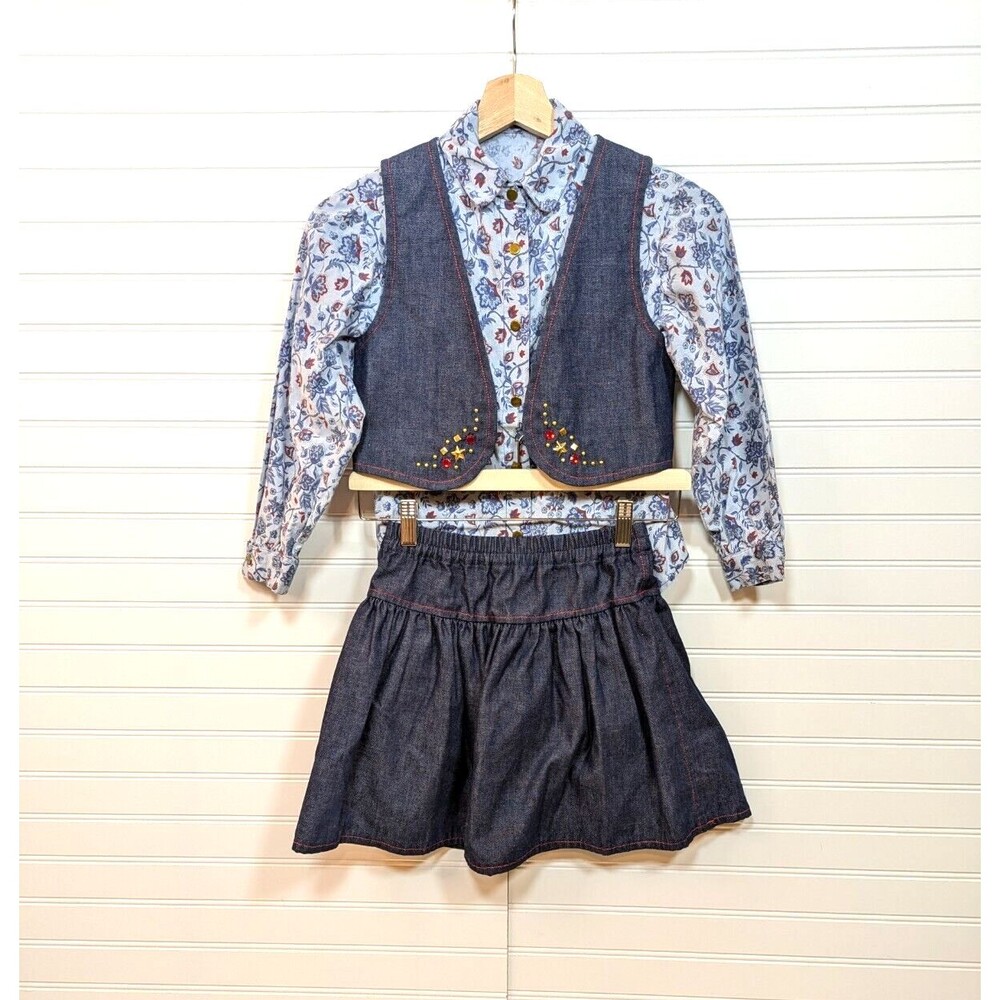 Girls Western Wear Outfit Size 10 Denim Skirt Vest Shirt Floral Costume Handmade - Picture 2 of 16